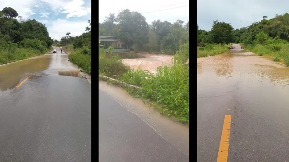 Chuva provoca alagamento e cratera na Estrada de Santo Antônio em Porto Velho