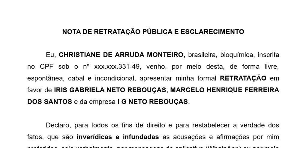 Christiane Monteiro faz retratação e pede desculpas a Iris e Marcelo