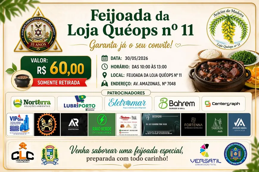 Loja Quéops 11 realiza feijoada em Porto Velho dia 30 de maio