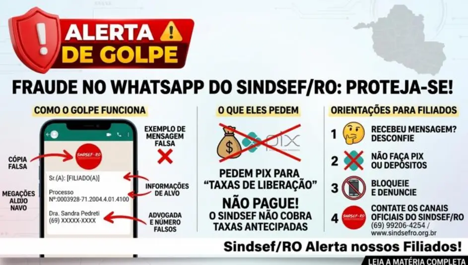 Sindsef RO alerta filiados sobre golpe por WhatsApp com falsa liberacao